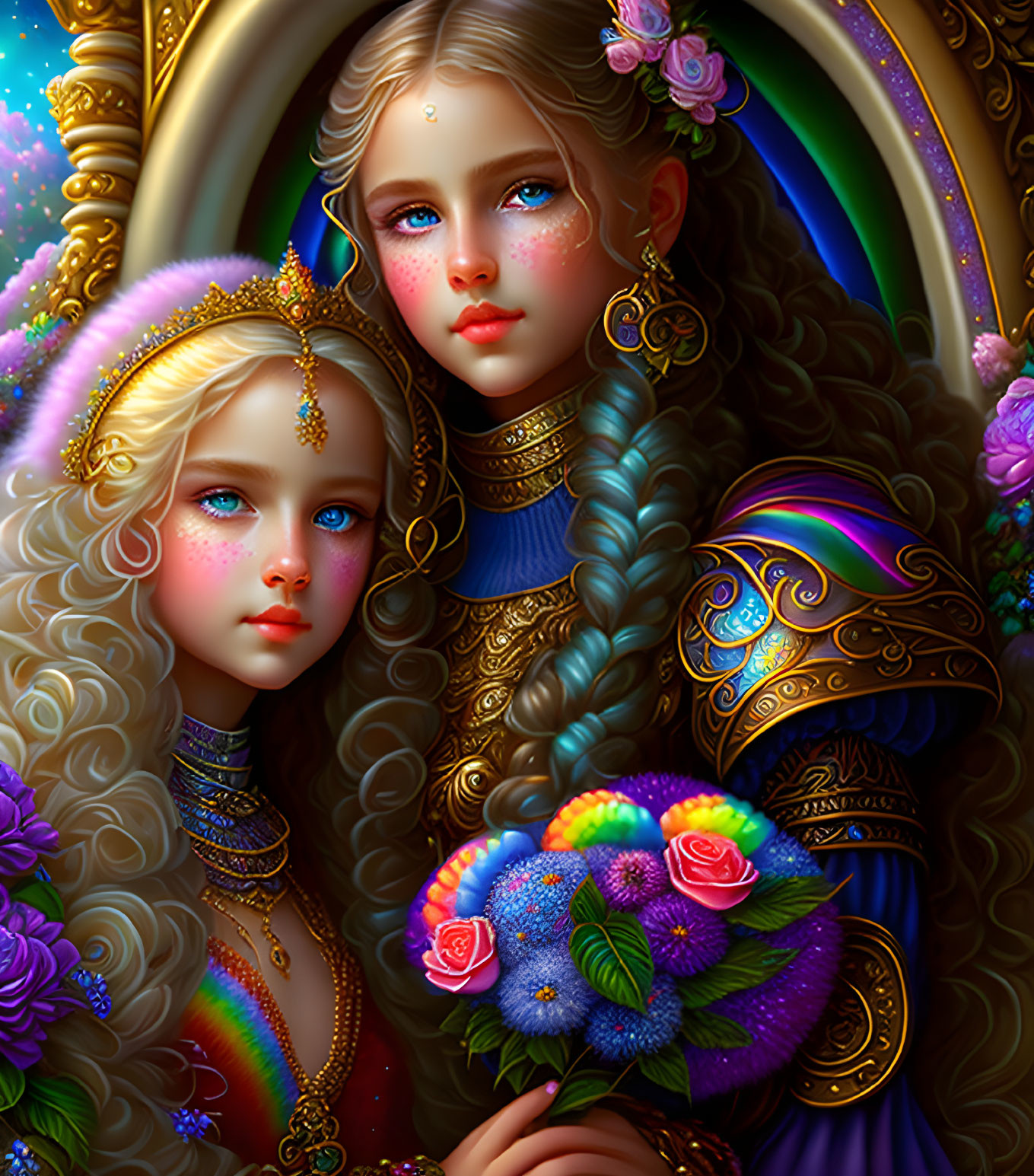 Ethereal female figures with ornate adornments and vibrant surroundings