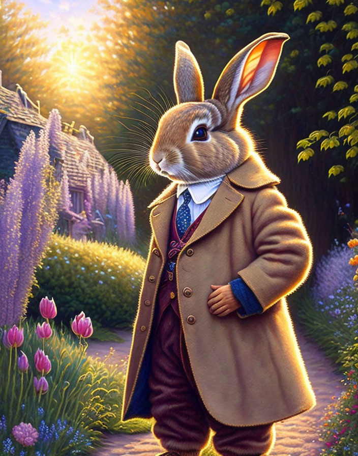 Elegant anthropomorphic rabbit in coat and vest in magical garden at sunset