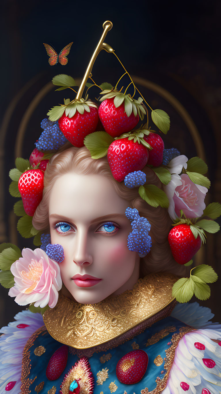 Surreal portrait of woman with fruit crown and butterfly