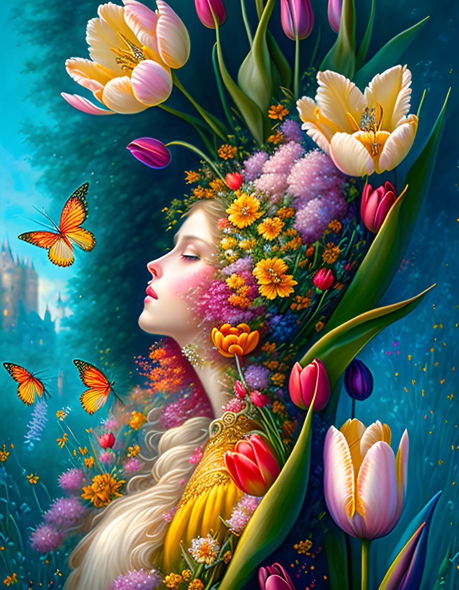 Illustration of woman with flowers, butterflies, and castle in serene setting