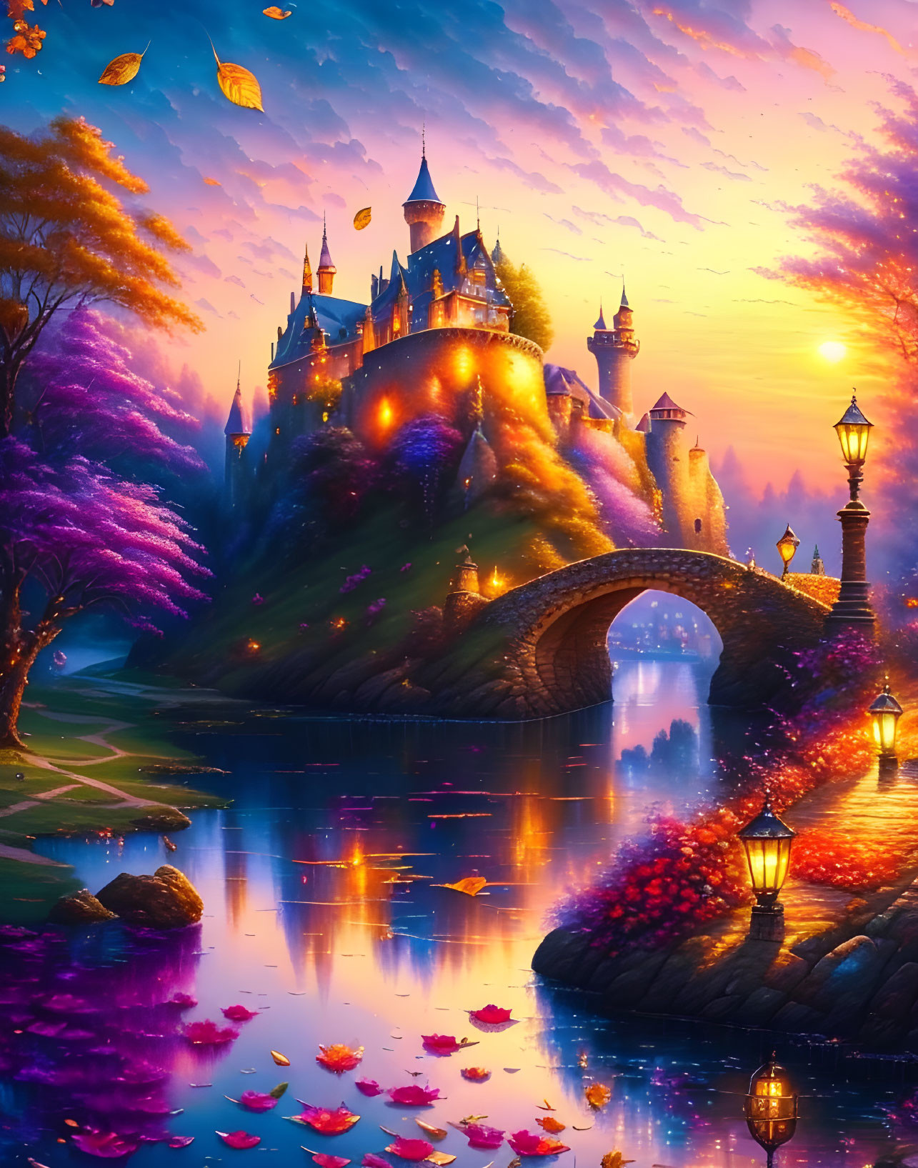 Majestic castle on hill with stone bridge in fantasy landscape