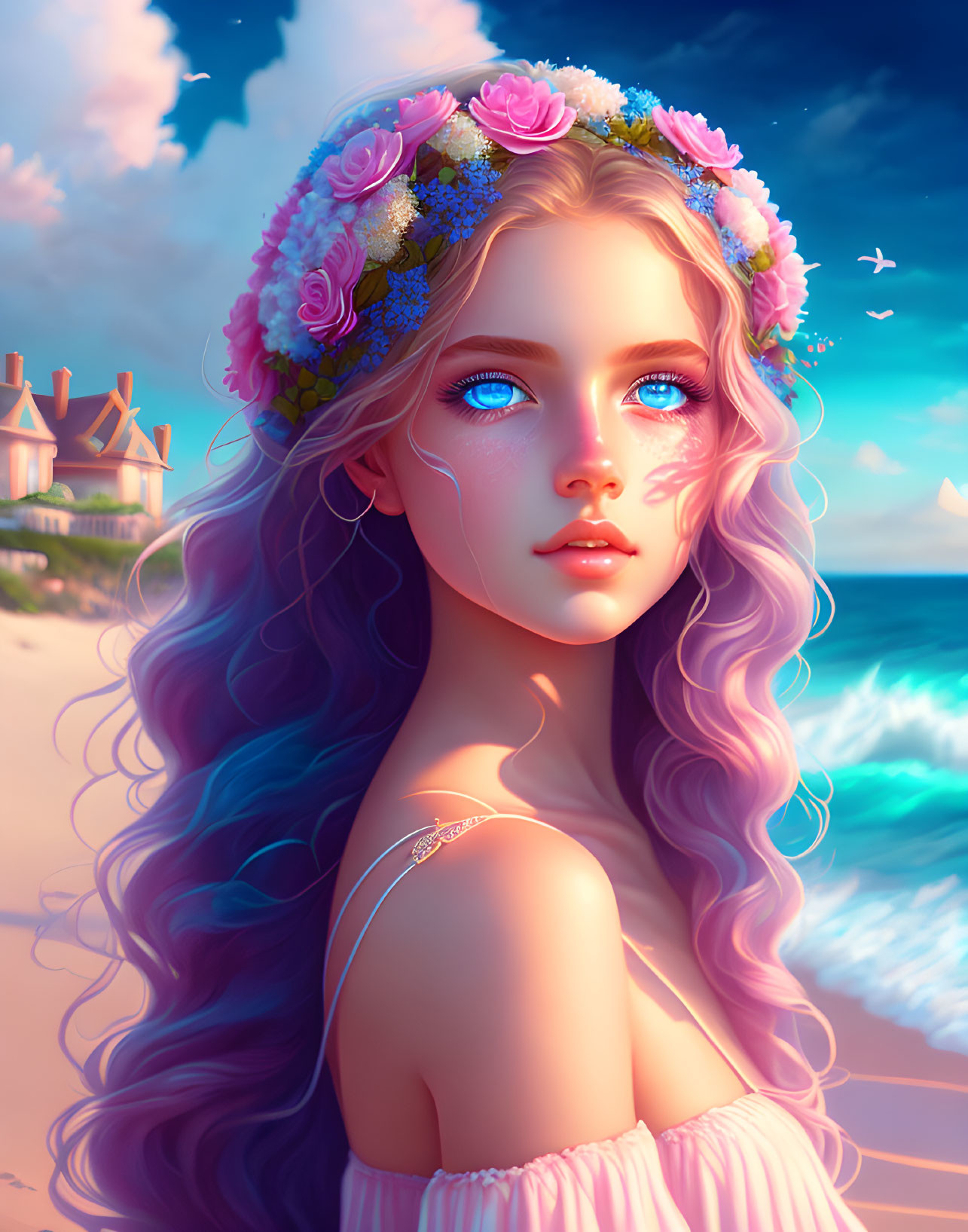 Illustrated female with purple hair and floral wreath on vibrant beach backdrop