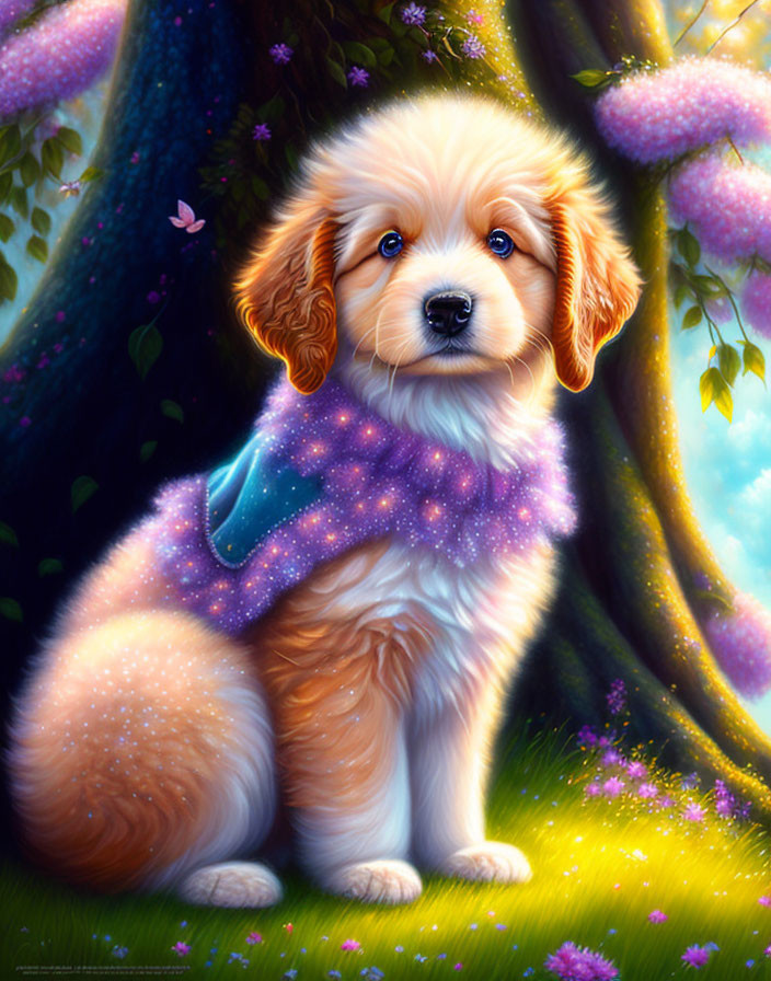 Fluffy golden puppy with blue cape under pink blossoms