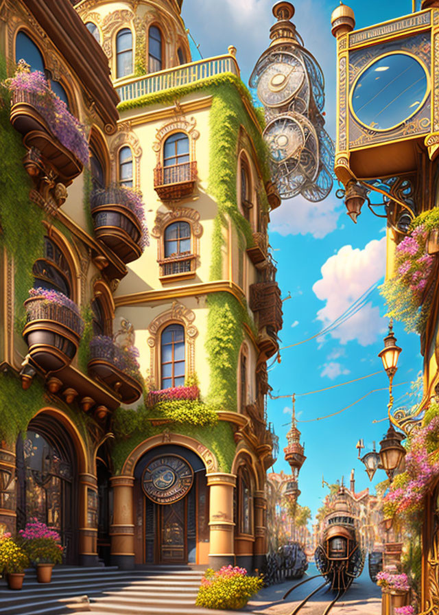 Ornate fantasy city street with clock, balconies, trolley under blue sky