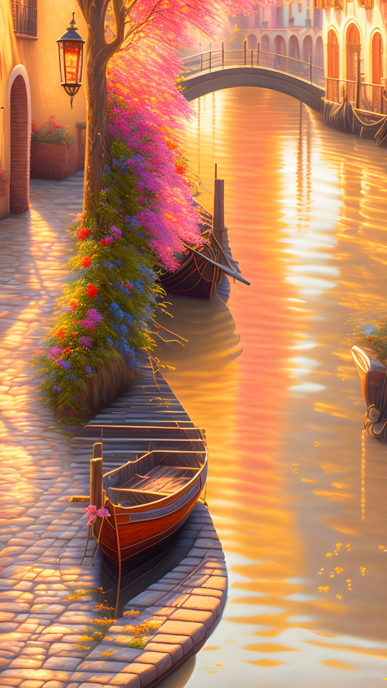 Tranquil canal sunset with cobblestone path, moored boats, and blooming tree reflecting