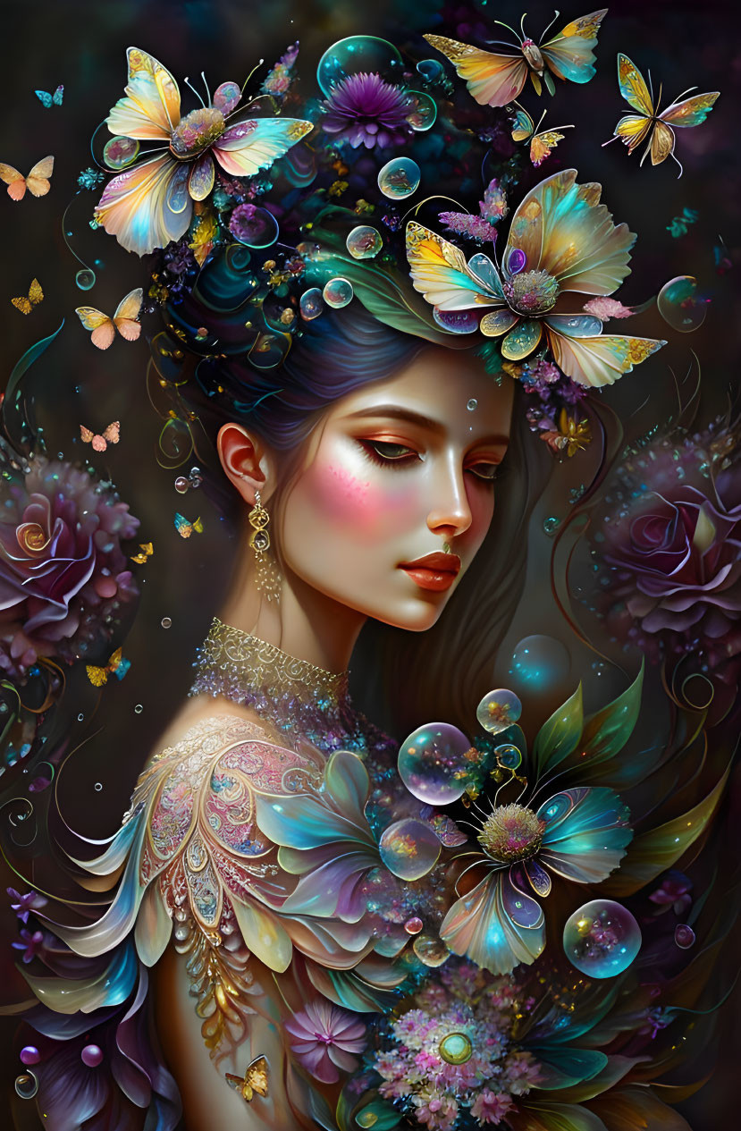 Fantasy illustration of woman with flowers, butterflies, bubbles, and floral motifs.