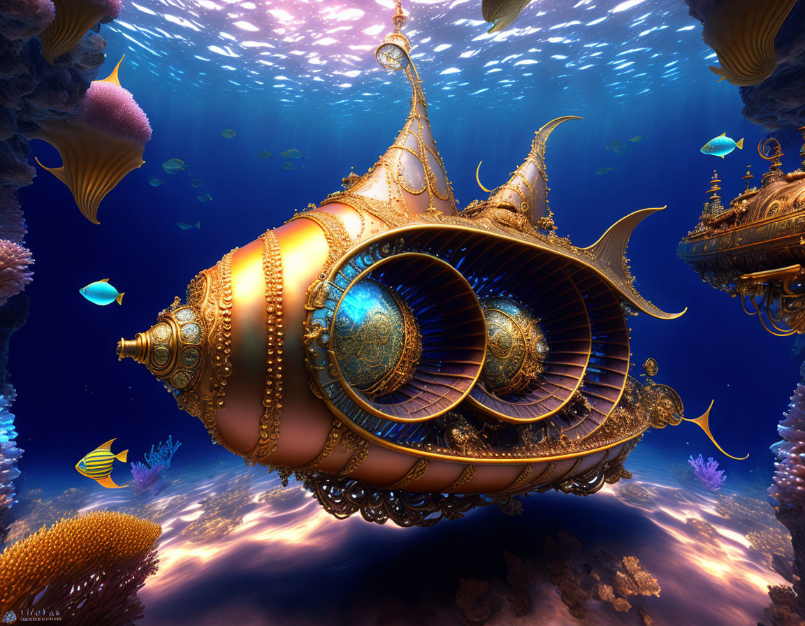 Elaborately designed golden submarine in vibrant ocean scene