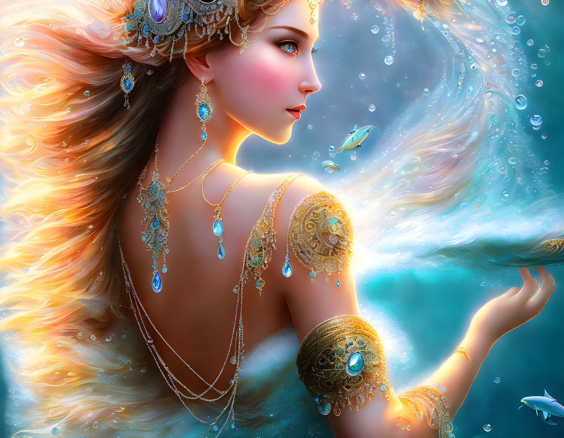 Fantasy woman adorned with golden jewelry in aquatic setting