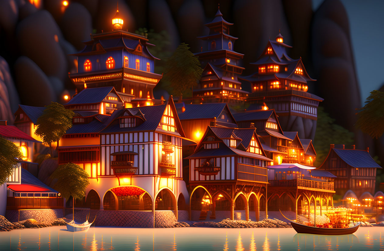 Stylized village nighttime scene with glowing lanterns & serene river