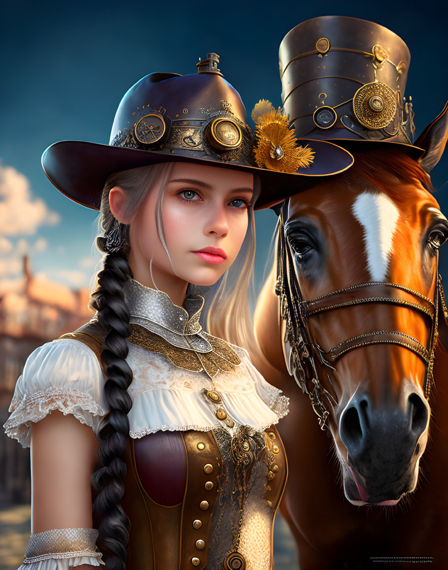 Steampunk-themed woman with braided hair and horse against sky.