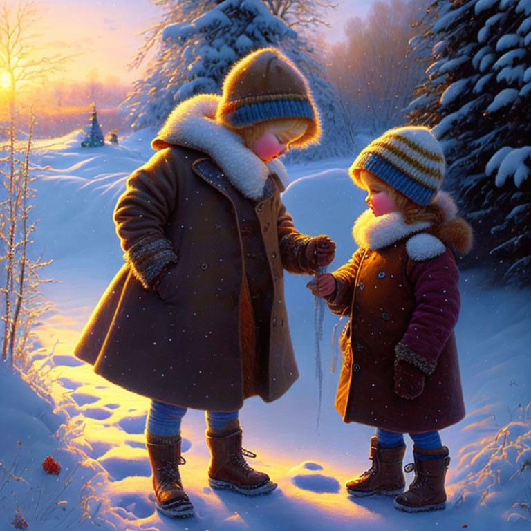 Children in Winter Clothing Share a Moment in Snowy Sunset Landscape