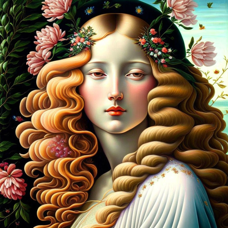 Surreal portrait of a serene woman with golden hair and floral wreath