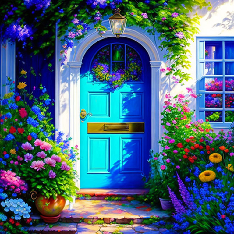 Vibrant blue door with flowers, lantern, and cobblestone path