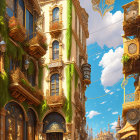 Ornate fantasy city street with clock, balconies, trolley under blue sky