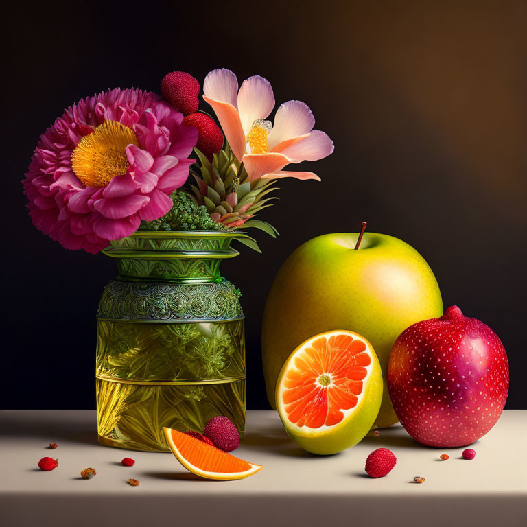 Colorful Flower Bouquet in Green Vase with Fresh Fruits and Berries