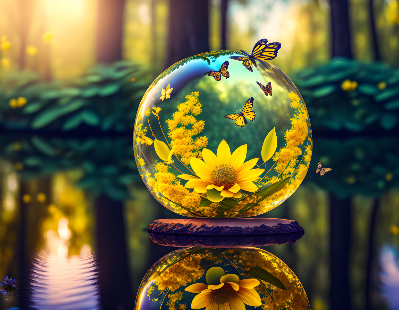 Colorful crystal ball on wooden stand reflects magical forest scene with butterflies and flowers in golden sunlight