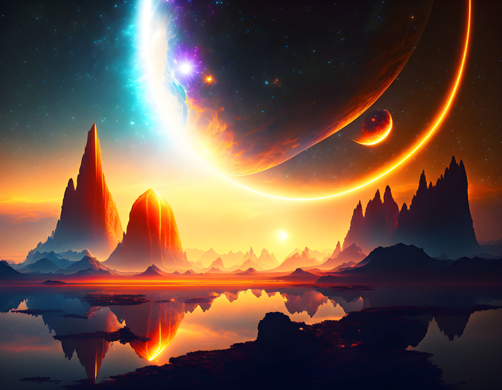 Sci-fi landscape with rock formations, water, celestial event