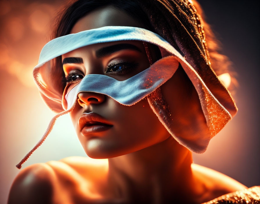 Woman with dramatic makeup and shimmering blindfold in warm light