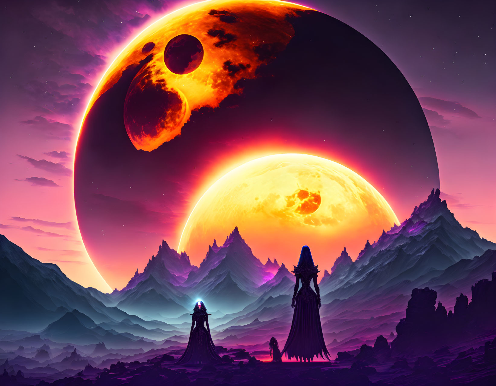 Colossal dual moons in purple sky over fantasy landscape