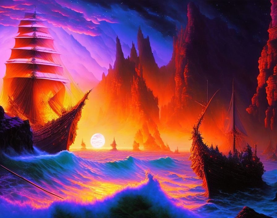 Fantasy seascape with sailing ships at sunset among towering cliffs