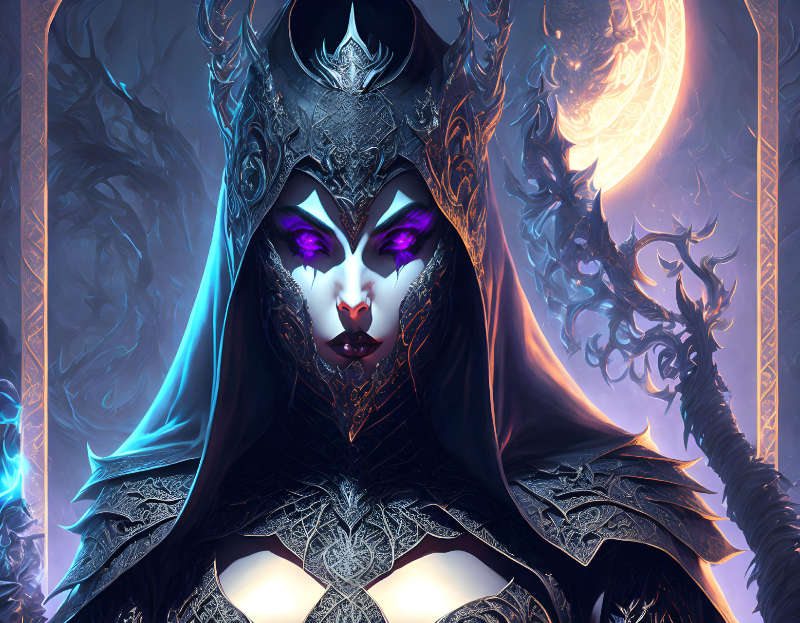 Imposing Female Character with Glowing Purple Eyes in Dark Armor