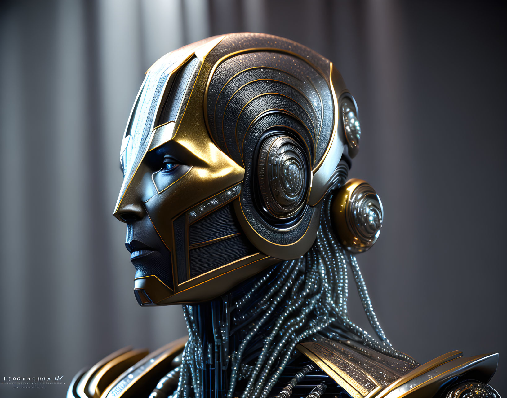 Detailed 3D Rendering of Female Robot with Gold and Black Headgear