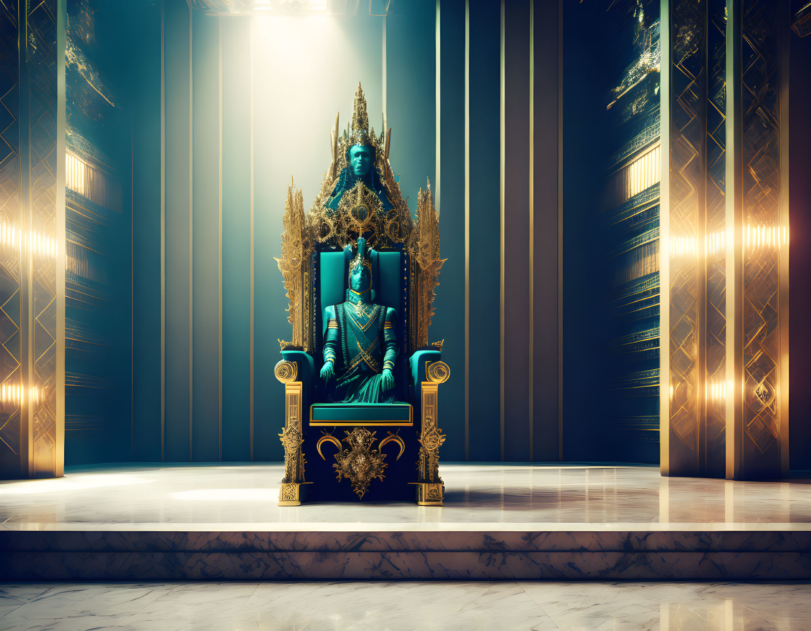 Blue statue on golden throne in elegant hall with soft light