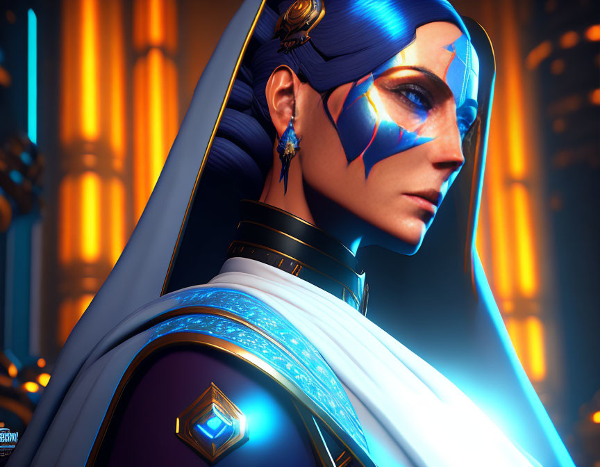 Futuristic digital artwork of woman in blue facial markings and regal attire