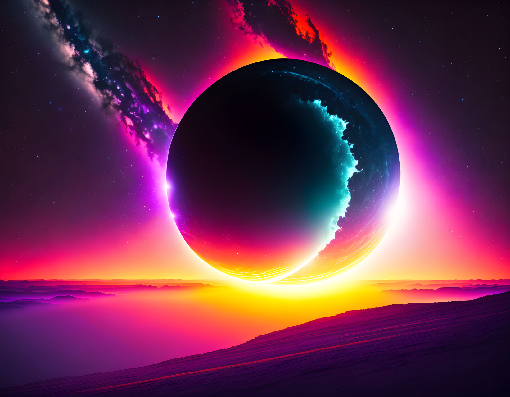 Colorful sci-fi sunset landscape with large planet and nebulas