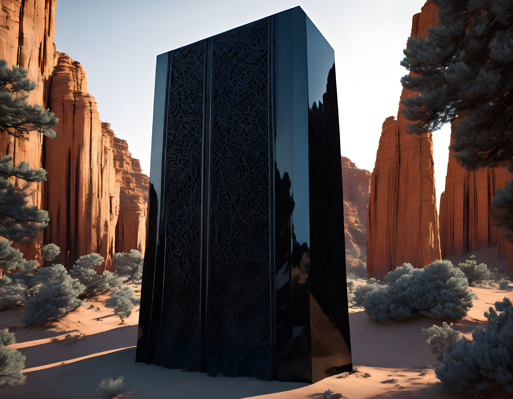 Intricate desert canyon monolith with red cliffs