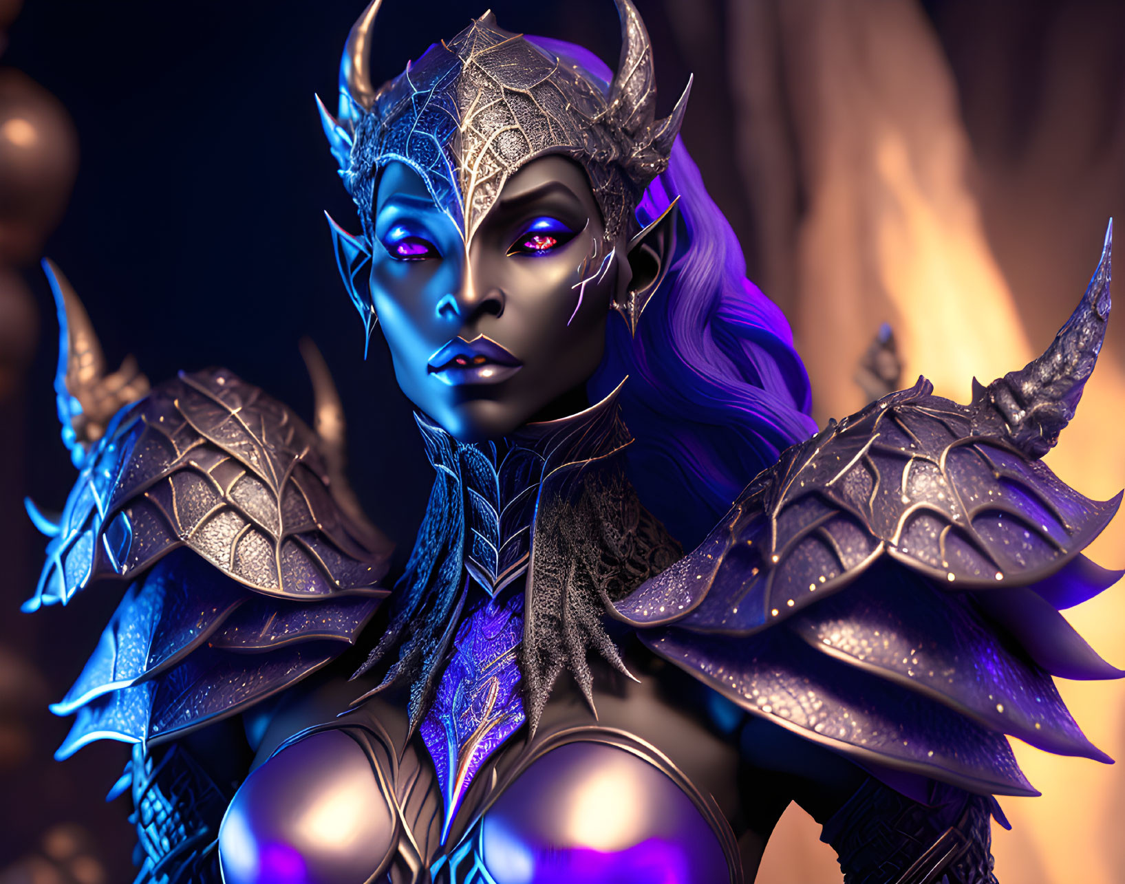 Fantasy female character with purple skin and glowing eyes in dark armor.