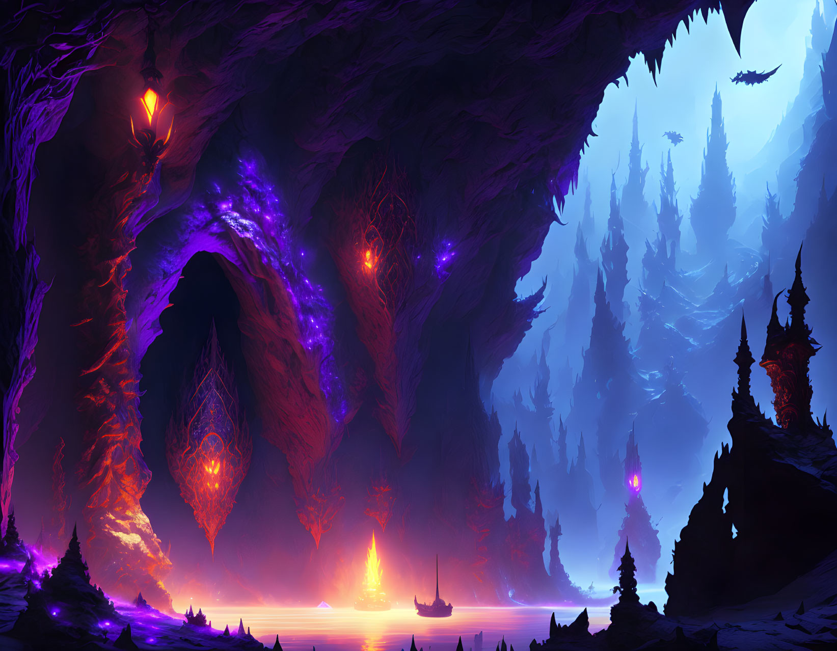 Mystical Cave with Glowing Crystals and Tranquil Lake