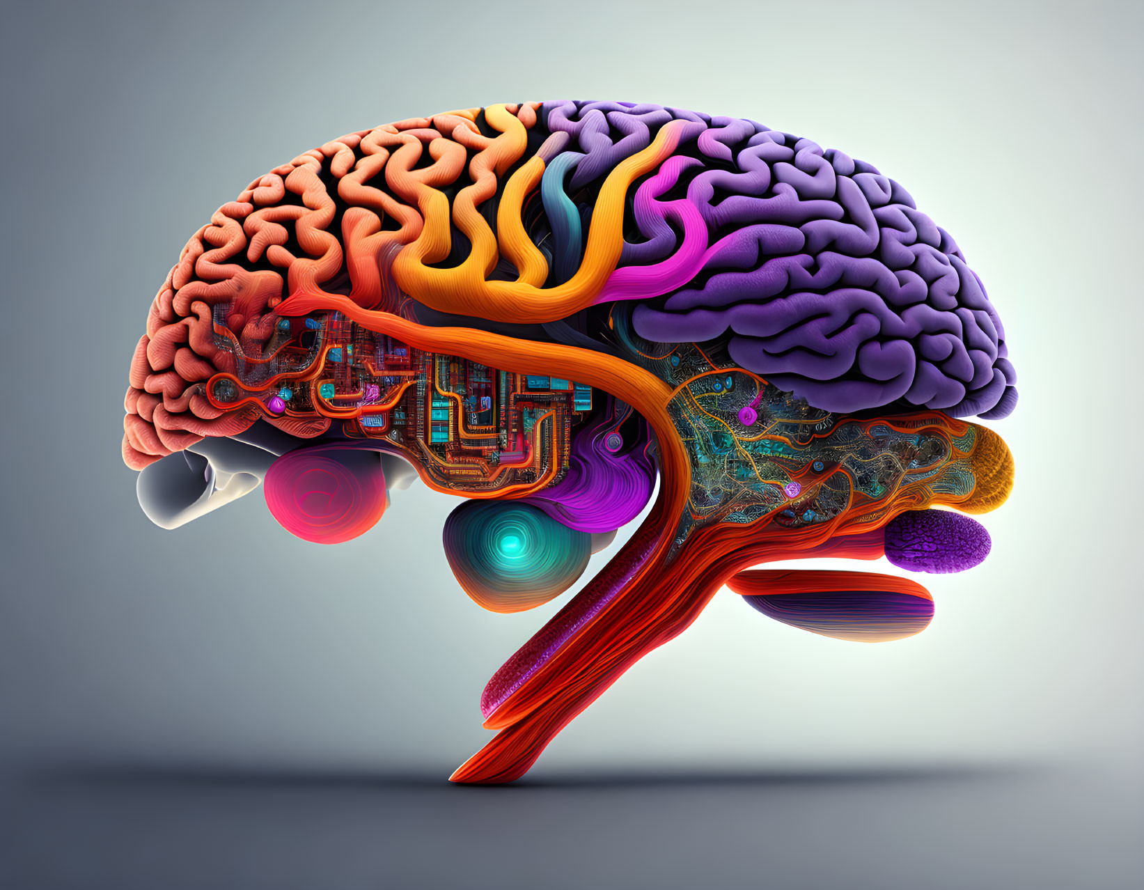 Vibrant human brain art with organic and electronic blend