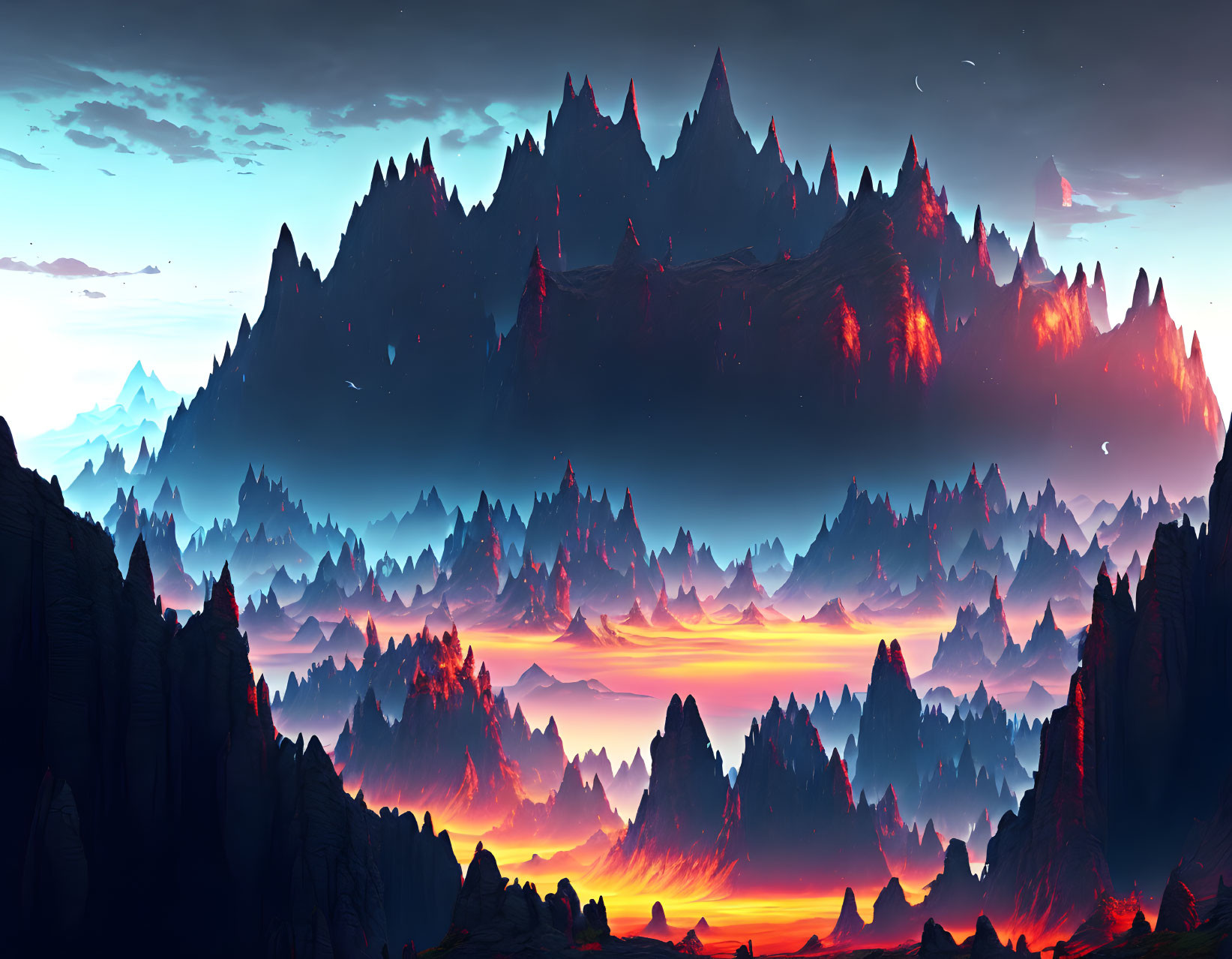 Panoramic fantasy landscape with layered mountain peaks in shades of purple and blue