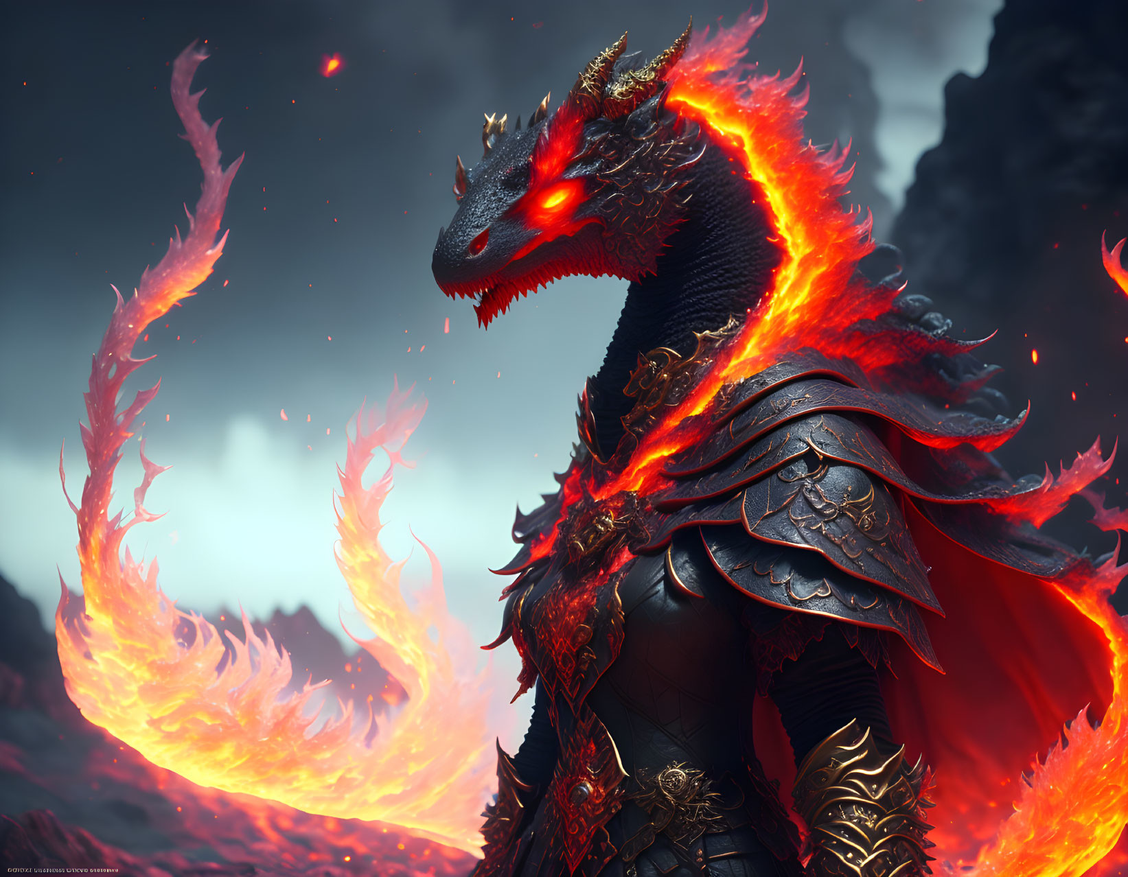 Red-eyed dragon in dark armor against volcanic backdrop