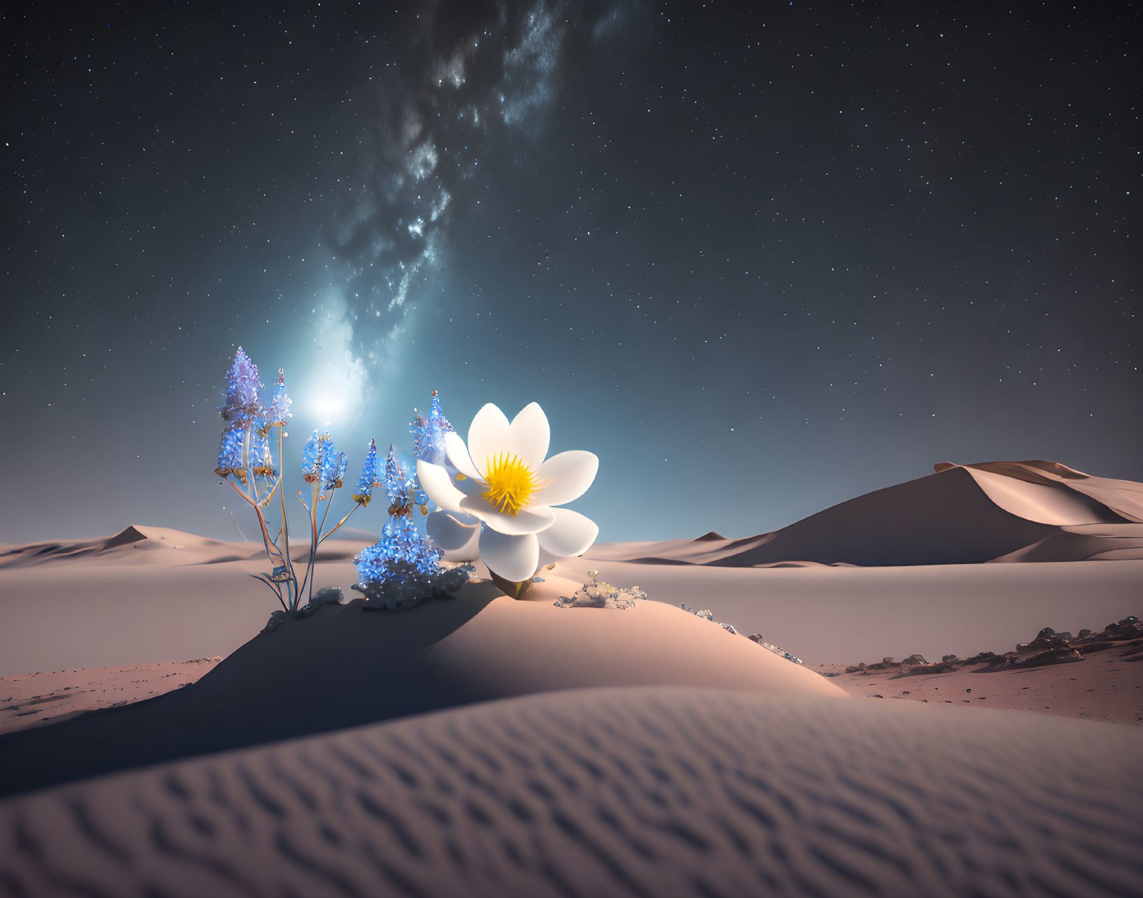 White Flower and Blue Plants in Desert Night Scene