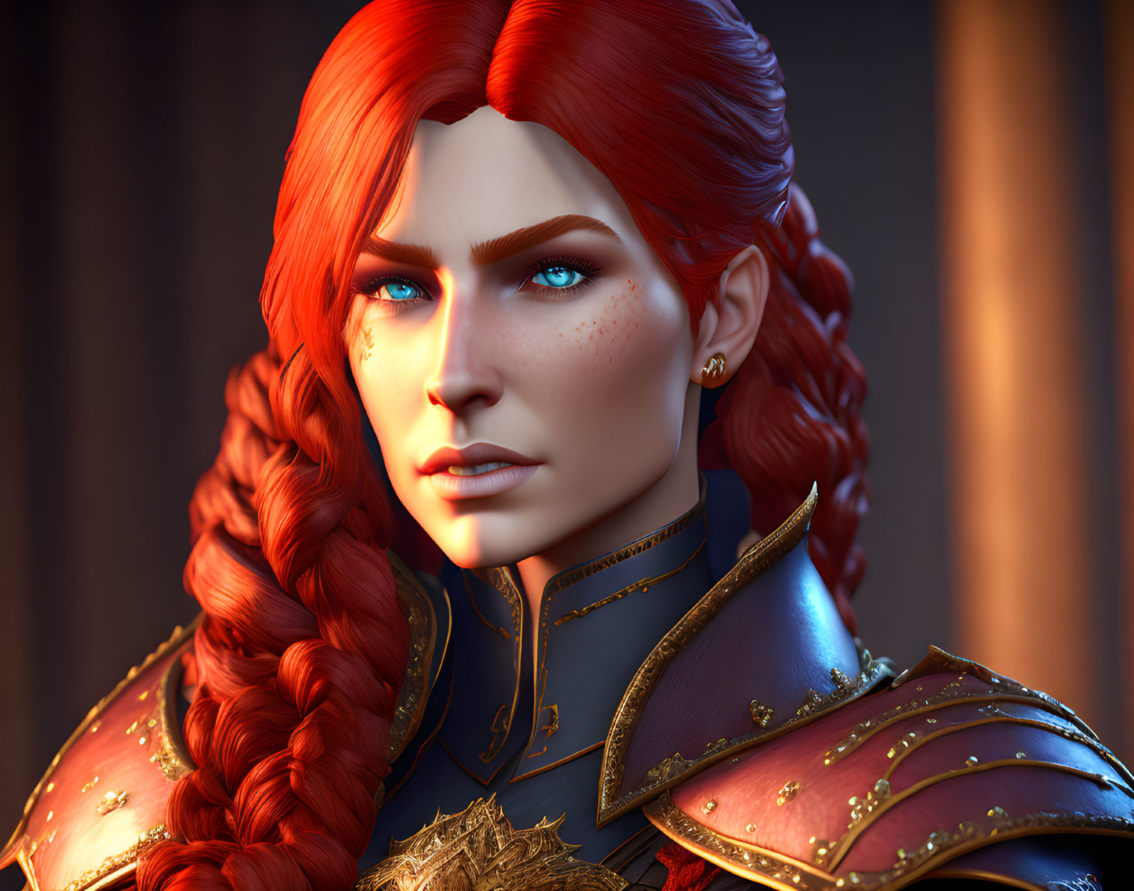 Digital artwork of woman with fiery red hair, blue eyes, freckles, ornate armor