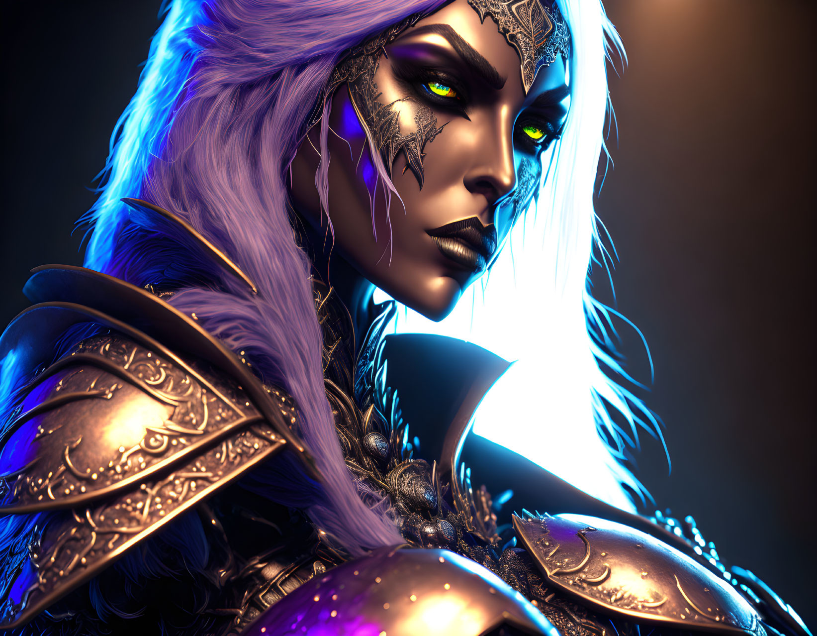 Fantasy female warrior with glowing eyes and purple hair in ornate gold-trimmed armor