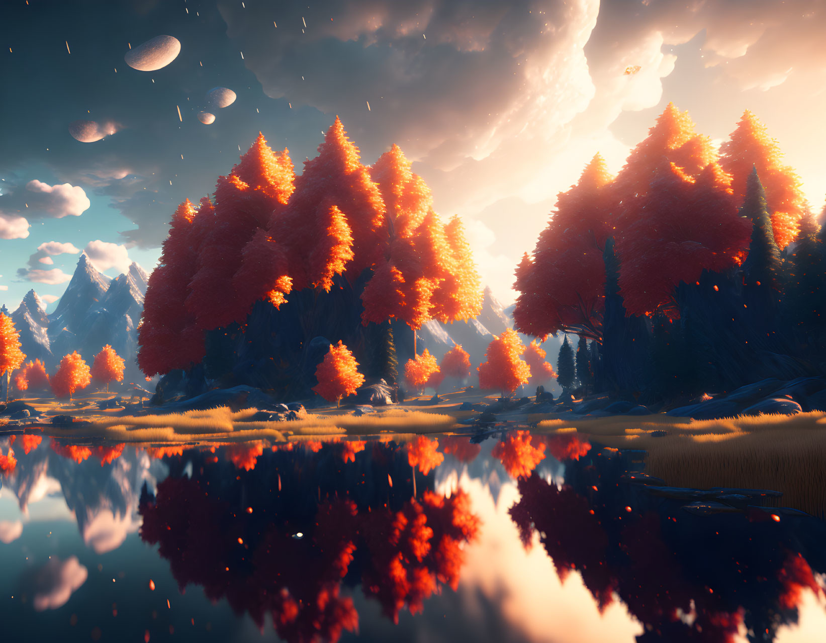 Vibrant autumn trees reflected in tranquil lake with multiple moons.