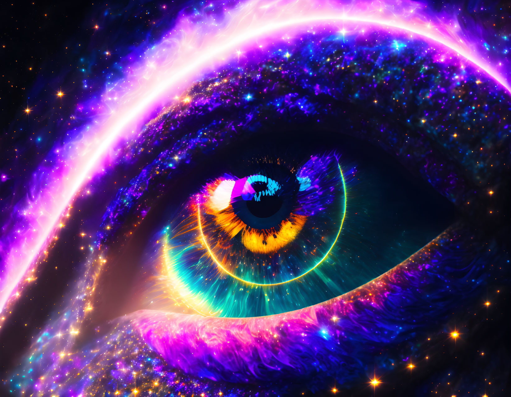 Colorful eye art merges with cosmic galaxy in vibrant swirls