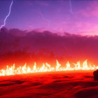 Stylized animated character meditating in desert with red sand, fire line, and blue beam under