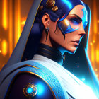 Futuristic digital artwork of woman in blue facial markings and regal attire