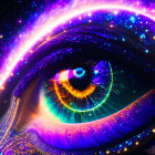 Colorful eye art merges with cosmic galaxy in vibrant swirls