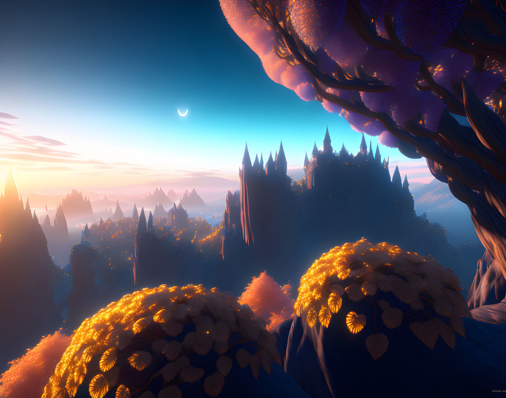 Fantastical sunset landscape with glowing castle, oversized flora, and crescent moon