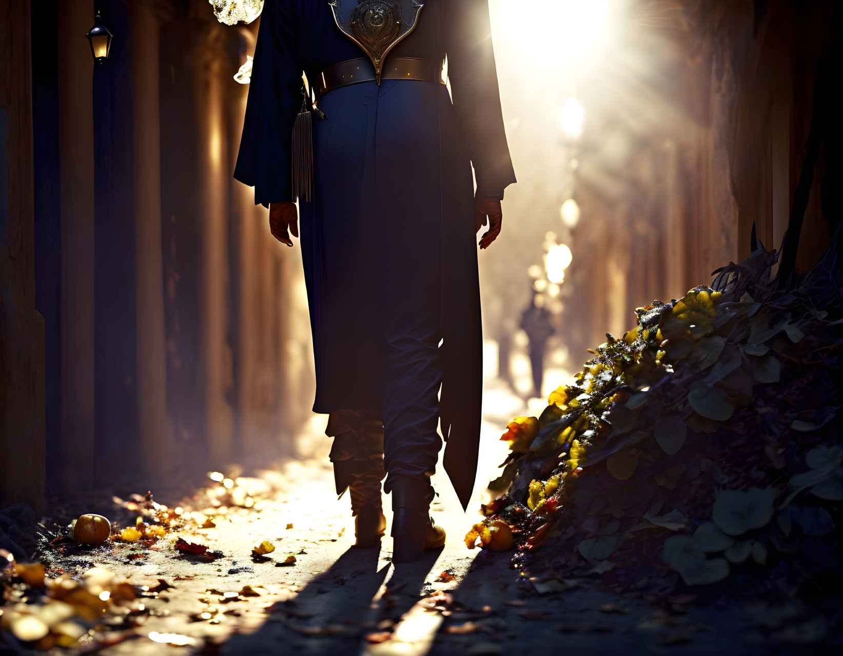 Person in formal attire in sunlit alleyway with fallen leaves and fruits.