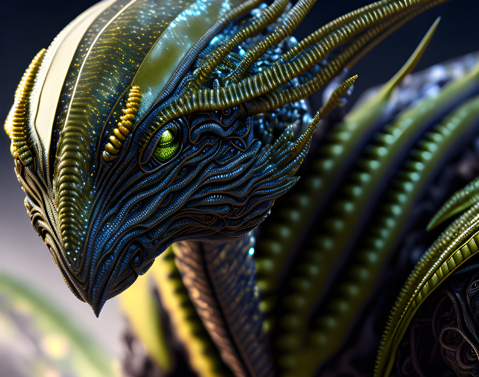 Detailed Metallic Dragon Sculpture with Intricate Patterns and Green Eyes