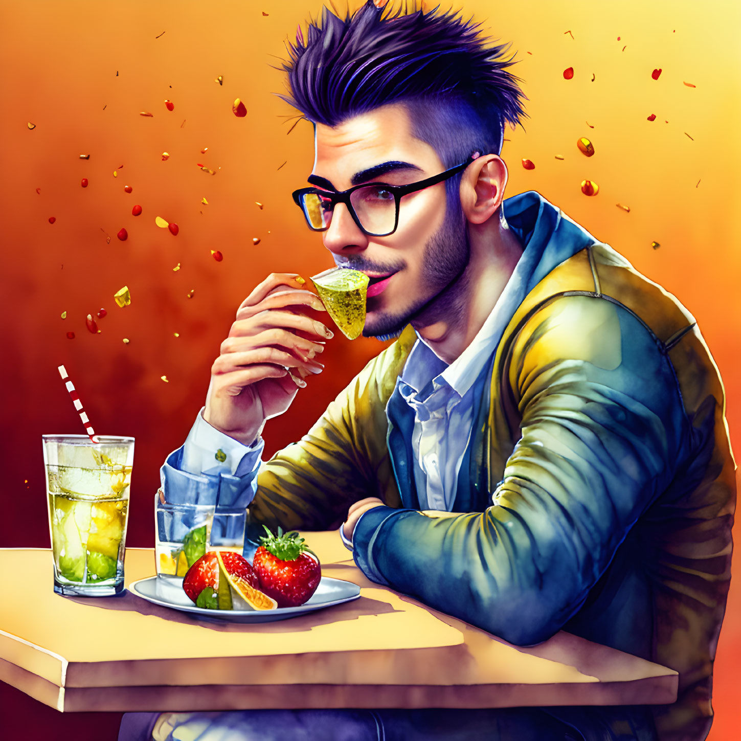 Fashionable man with glasses enjoying drink and strawberries on vibrant orange background.