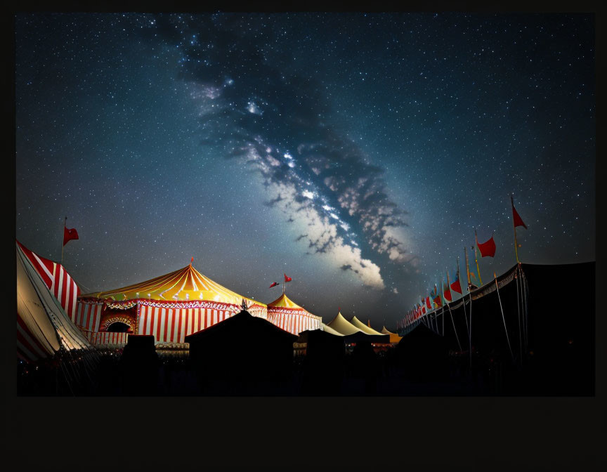 Starry Night Sky Over Circus Tent and Flags