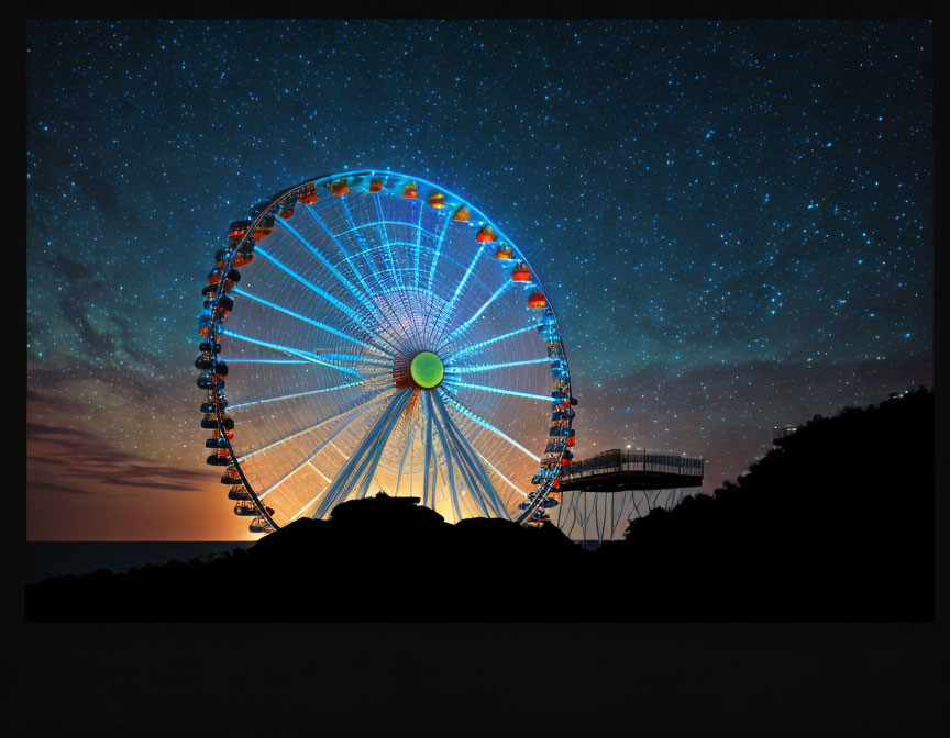 Starry night sky with illuminated Ferris wheel and silhouetted trees