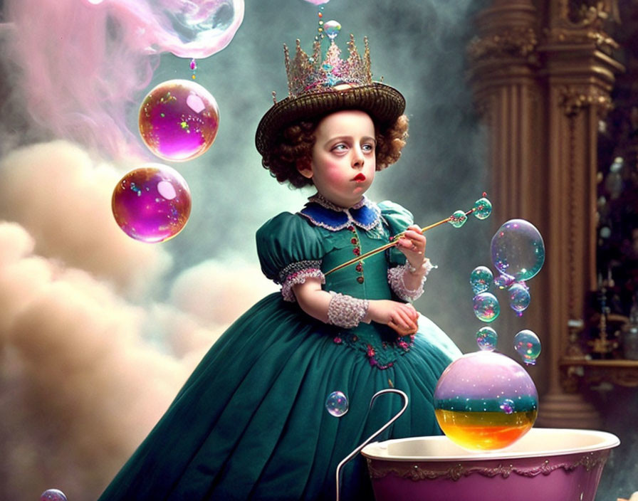 Regal child blowing bubbles in whimsical setting